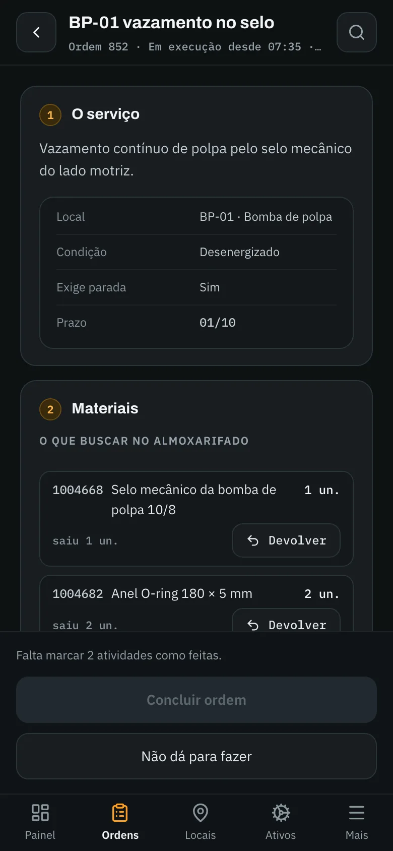 A mesma ordem no celular, com os botões de concluir e de não dá para fazer.
