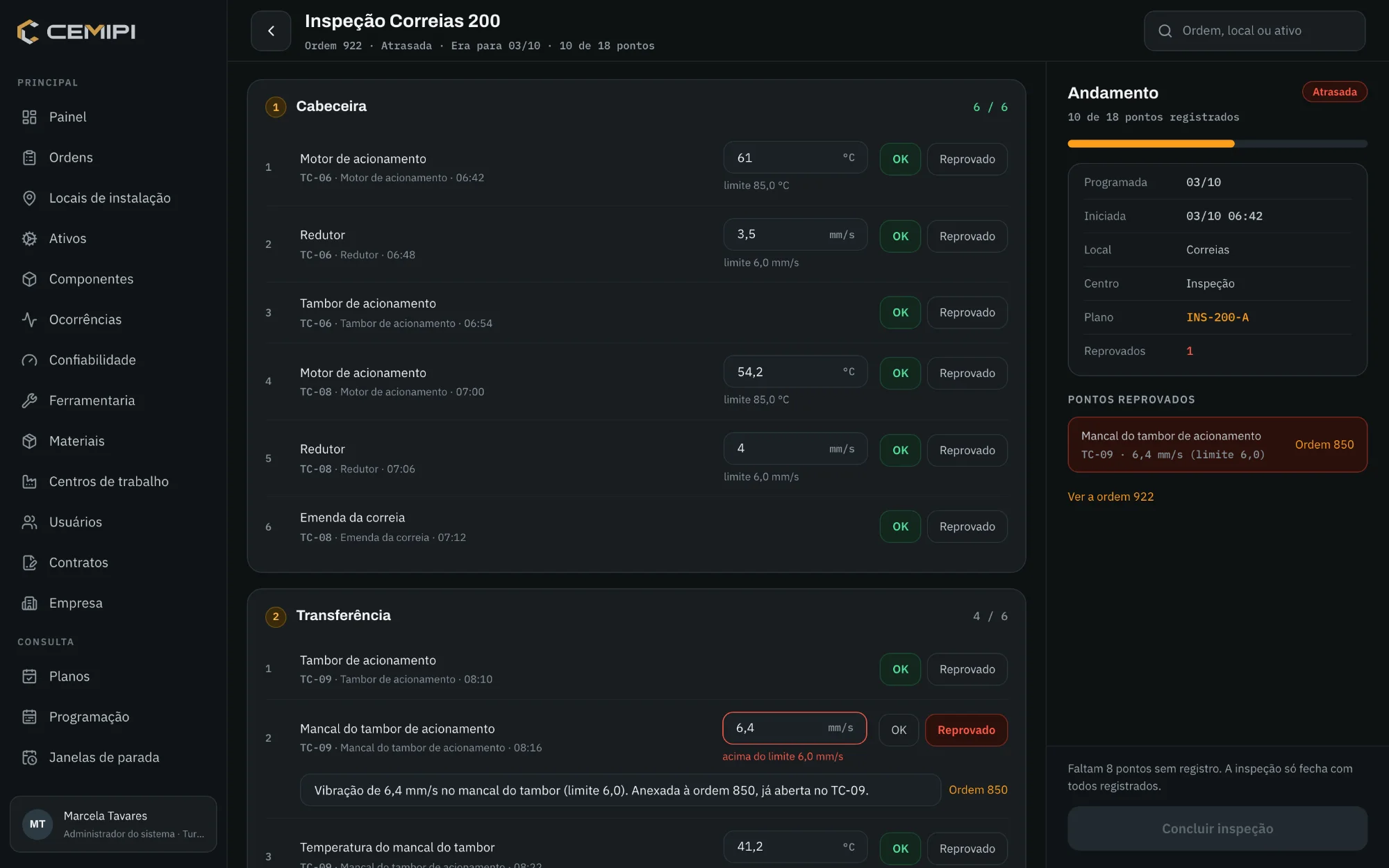 Uma inspeção em andamento: cada ponto com a medição, o limite e OK ou Reprovado; a vibração acima do limite reprovada e ligada a uma ordem.